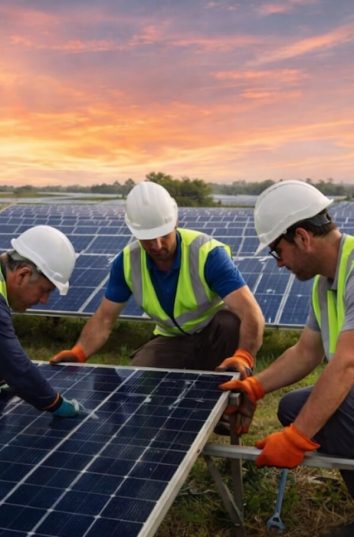 Praca przy budowie farmy fotowoltaicznej. Różne lokalizacje